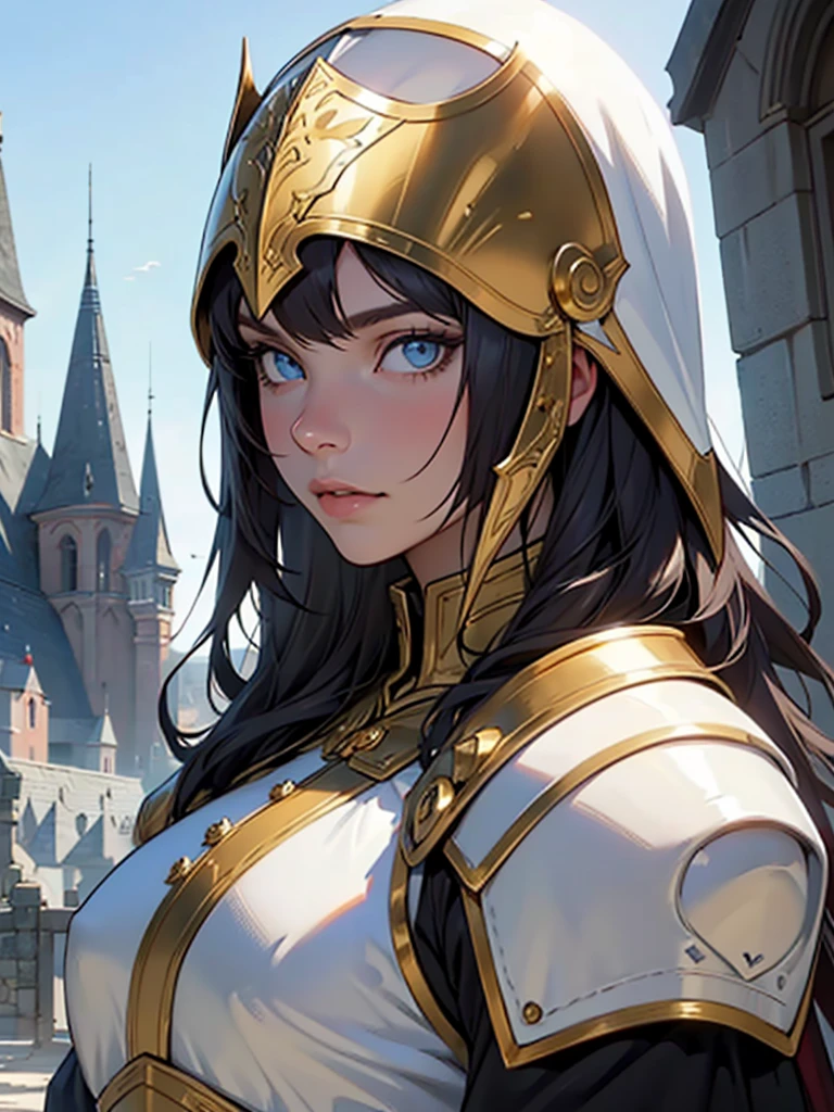 ((raw photo)), ((masterpiece)), anthropomorphic humanoid AngelGirl wearing nun's armor, intricate detail, futobot, intricate Greebles pieces, sea behind, yellow wings, beautiful, detailed eyes and lips