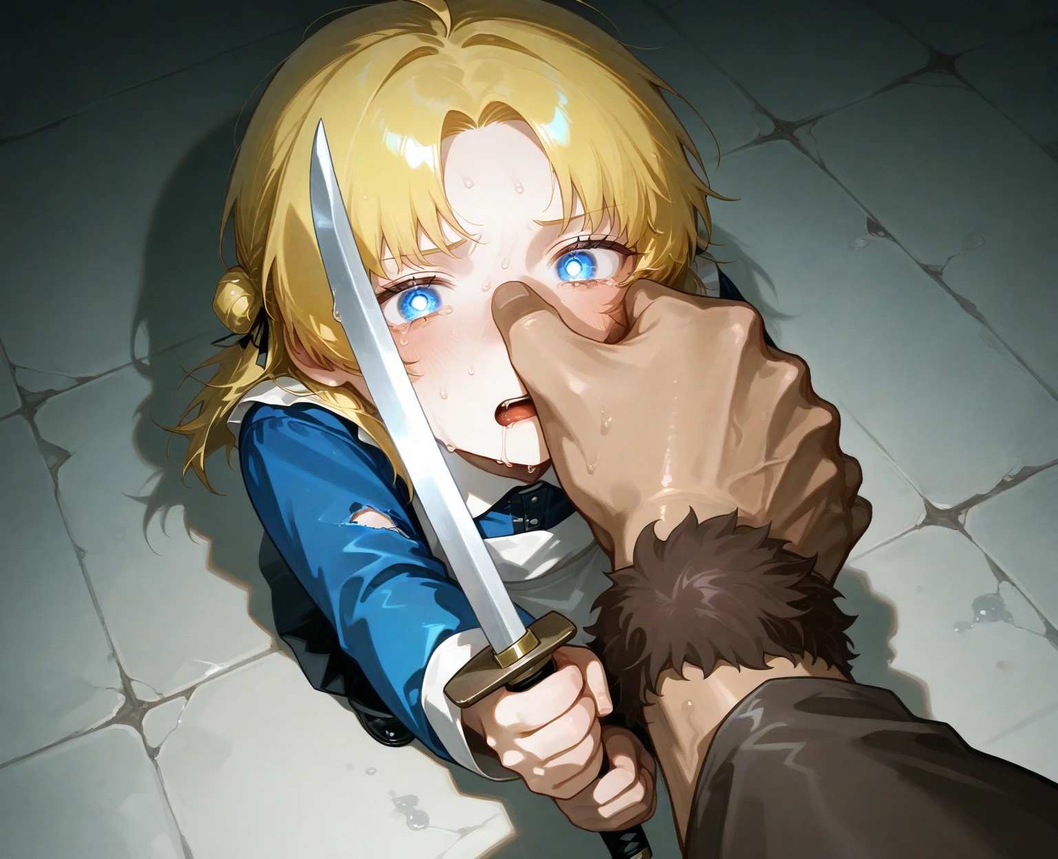 score_9, score_8_up, score_7_up, score_6_up, source anime, score_4, score_5, 1girl, blonde hair, woman, medieval housewife, looking at viewer, blue eyes, white blouse, brown corset, braid, flower necklace, mature female, large breasts, close-up, portrait, looking up, from above, open mouth, drooling, oral invitation, saliva, sweat, tongue, tongue out, naughty face, blush, attack on titan, annie leonhart, bruisedz wounded, injured, bleeding, severe wounds, cut flesh, injured flesh