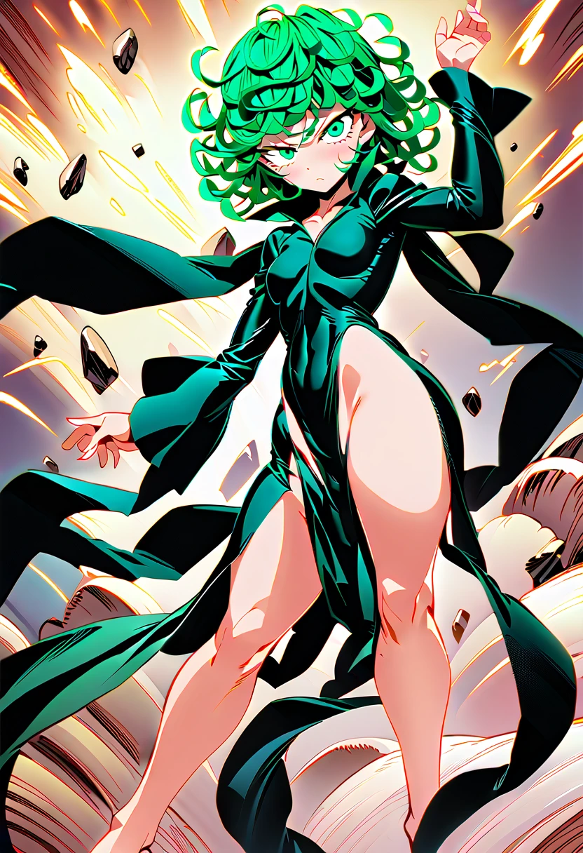 Green transparent latex garment. Green hair, green hair, green hair. Plump thighs, clamping thighs, hands stretched upwards, face and body facing the audience, slender waist, tornado, flat chest, black skirt, pelvic curtain (tatsumaki: 1.7), girl trasparent black latex dress, long sleeves, thick thighs, Wide hips, green light, pot curtain, green halo, see-through clothing, no, cameltoe, 1girl, Chen Juan, green hair, green eyes, dress, solo, black dress, big breasts, small breasts, thighs, curly hair, belly button covered