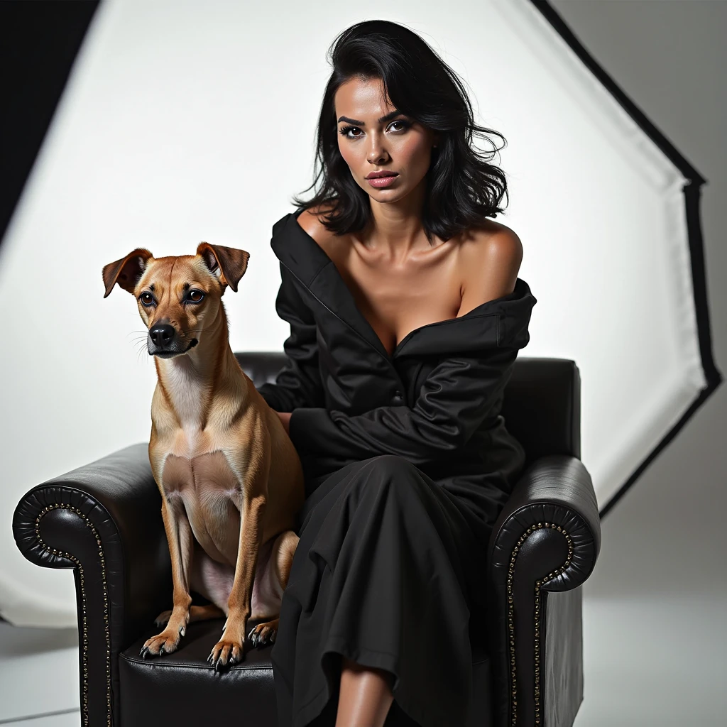 black and white photo. Girl with Doberman. Girl with beautiful hair in a black leather coat.