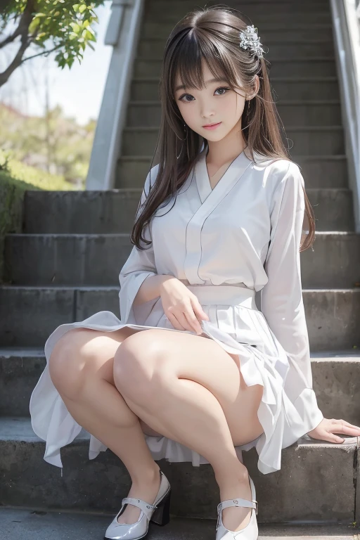 8K raw photos、hight resolution、25-year-old female teacher、Dark brown long hair、bangss、Formal shirts、frills skirt、A smile、long eyeslashes、Beautiful double eyelids、eyeshadows、Beautiful and thin legs、pantyhose、stairs at school、crouching down、Sit up、opens legs、Luxury high heels、(intricate detailes:1.4),(Photorealsitic:1.4),octane renderings, Complex 3D rendering ultra detail, Studio Soft Light, Rim Lights, vivd details, Super Detail, Detail Face, Beautiful detail eyes, (Detailed background:1.2) Pink lace panties、frontage、embarrassed、Shyness、cute little