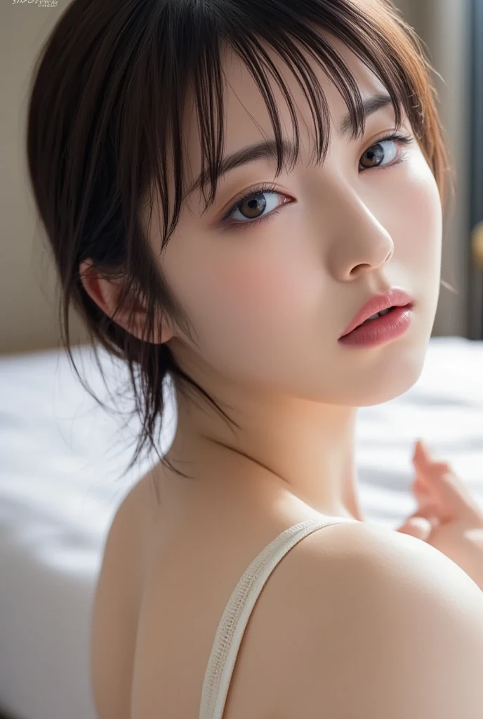 (Highest quality:1.4), (Very detailed), (Very detailed美しい顔), (night:1.8), (Beautiful face and eyes:1.5), 17 years old, Evenly balanced eyes, (Short sleeve pink camisole:1.3), Beautiful face and eyes, iris, The Beauty of Japan, (Skinny body type:1.3), (Flat Chest:1.3), (Sexy pose:1.3), Smooth, Very detailed CG synthesis 8k wallpaper, High-resolution RAW color photos, Professional photography, Light, BackLight, dream-like, impressive, Written boundary depth, (Bedroom:1.4), (Face close-up:1.3), (Shooting from above:1.3)
