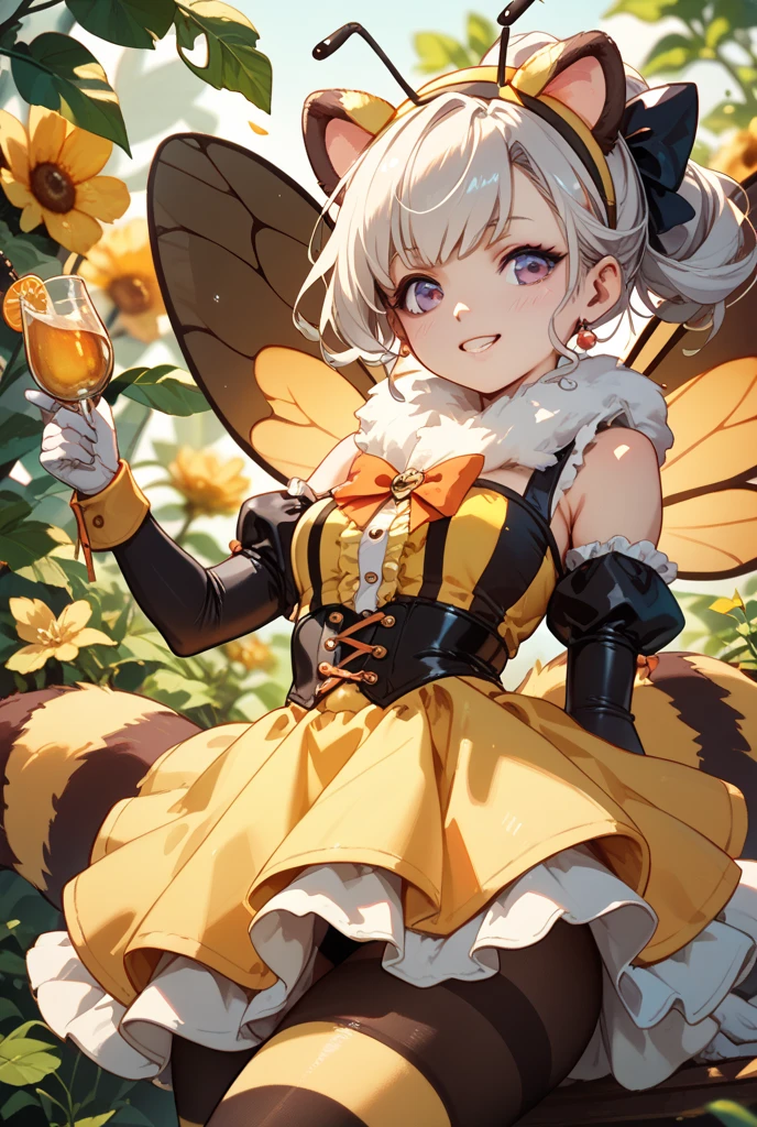 1girl,antennae,black hairband,blonde hair,blue sky,boots,breasts,butterfly girl,butterfly wings,cleavage,cloud,crazy straw,day,dress,drinking straw,flower,grass,hair between eyes,hair flower,hair ornament,hairband,high heel boots,high heels,insect wings,large breasts,light blush,long sleeves,looking at viewer,monster girl,open mouth,outdoors,red eyes,short hair,sitting,sky,smile,solo,thigh boots,wings,