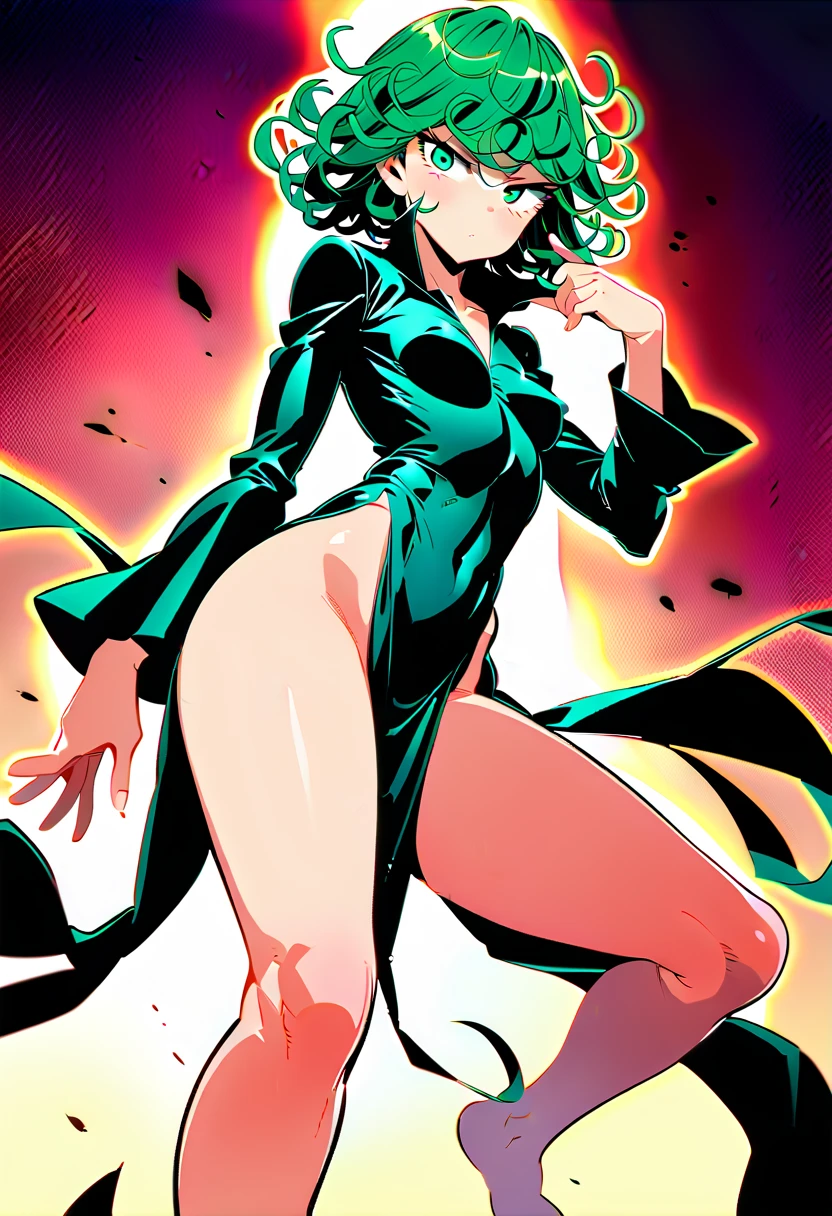 score_9, score_8_up, score_7_up, source_anime, best quality, clear face, Tatsumaki, green hair, green eyes, long hair, large breasts, perfect body, standing, looking at viewer, s, only wearing black dress, dynamic angle, indoor,clothes,blushing,embrassed,see though clothes, view