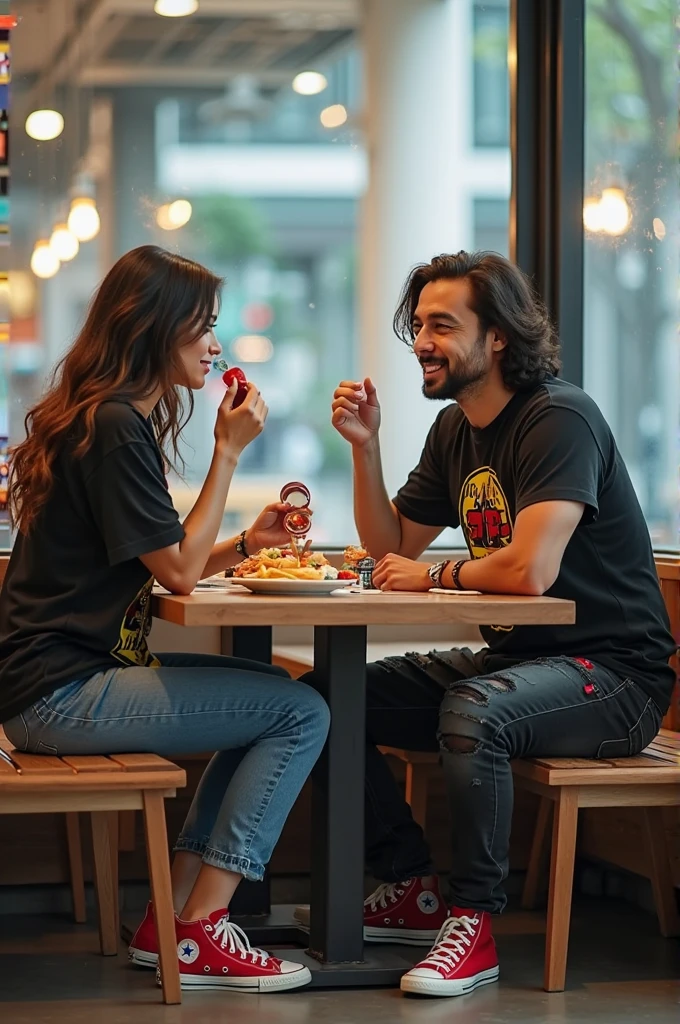 Pareja emo comiendo en un restaurante ella es mexicana y curvy , el es polaco y guapo , taking selfie facing the camera cuddle