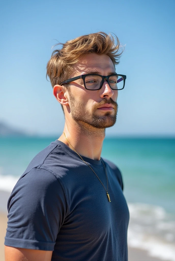 1 boy with perfect body, detailed white skin, with blonde hair, blue eyes high level, detailed facial pores athletic attractive body on the beach with glasses looking at the camera , ultra cinematic camera
