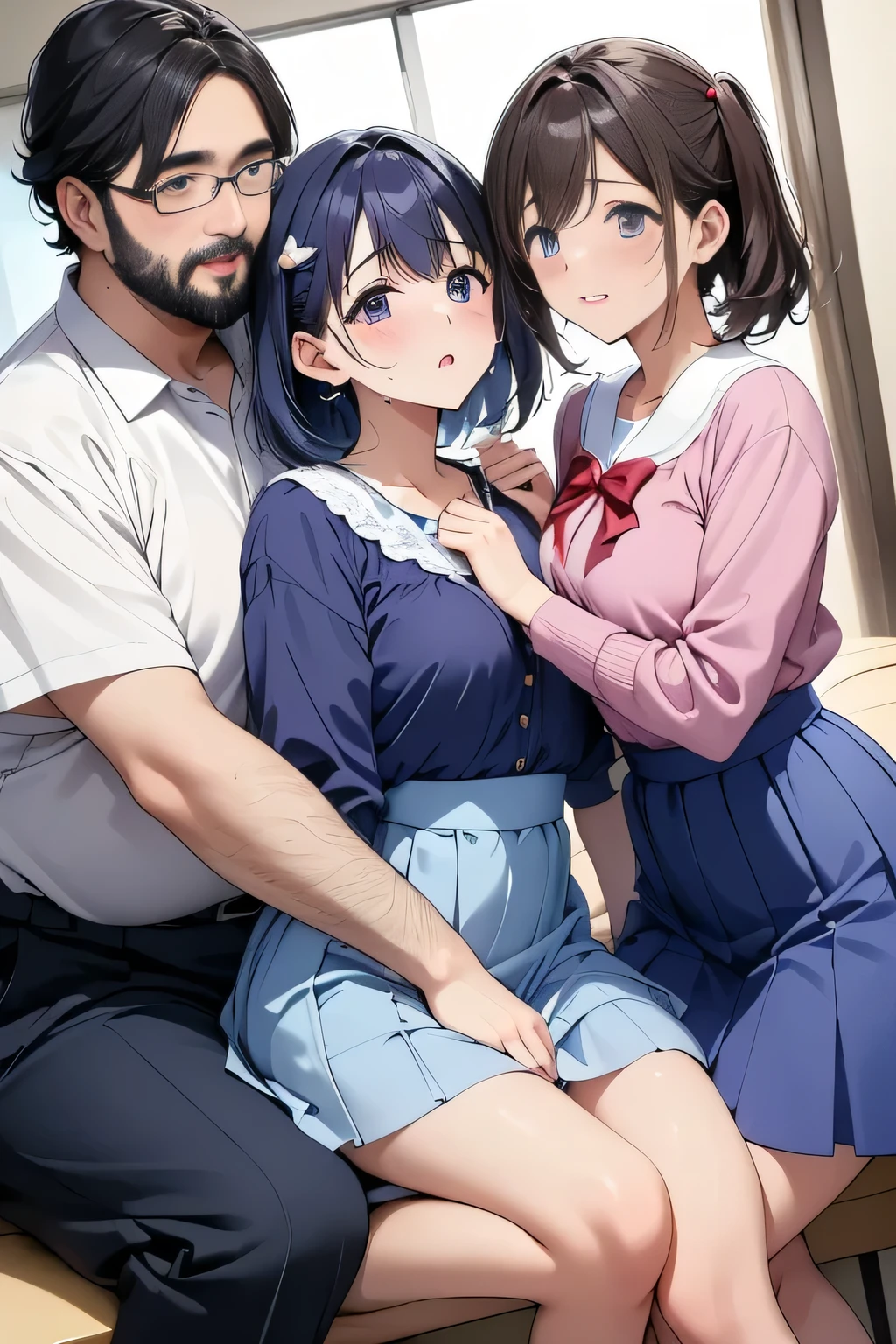 ( manga 、anime、story)、( masterpiece 、 Highest Quality、 Ultra High Definition )、( close 、 face面美、 beautiful eyes on my stomach )、( shout、 resists 、 uniformの白い線は恥ずかしい )、sweat 、 uniformの白い線は恥ずかしい 、 ( surrounded by many men 、 Licking Man 、 bearded man 、Women shivering due to sexual climax ) Many Hands Touch Women 、sweat、 、man lifts woman、 man grabs chest 、man bites chest、viewers take a picture with their smartphones、 take a picture、Old Gentleman with Dirty Glasses、 old man 、Men hugging each other、((face)、 old man 、That guy is a fat ugly guy、feet、feet上げ、(Mochizuki Bubu, eyelashes,short hair,raise both sides from under blue eyes,hair bobble,hair accessories,small breasts,uniform,ribbon,dress,purple dress,long sleeve,ear skirt,purple ear skirt,socks,blue socks,shoes)、( Clothes May Tear)、There are two men、1 woman 、(Group of 3)