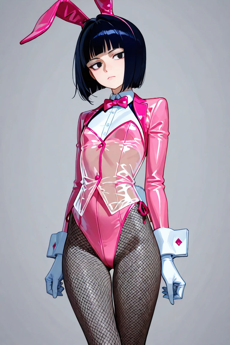 (((one girl))),(((inaba tewi))),((touhou),(((red eyes))),(rabbit girl),(((black hair,short hair,wavy hair))),(((white rabbit ears,white floppy ears))),(((Black leather jacket))),(((pink full bodysuit))),((latex)), (shiny clothes:1.2),(((grin))),(((full body))),(((arm behind head))),(((model posing))),((((simple white background))),(((from front)))
