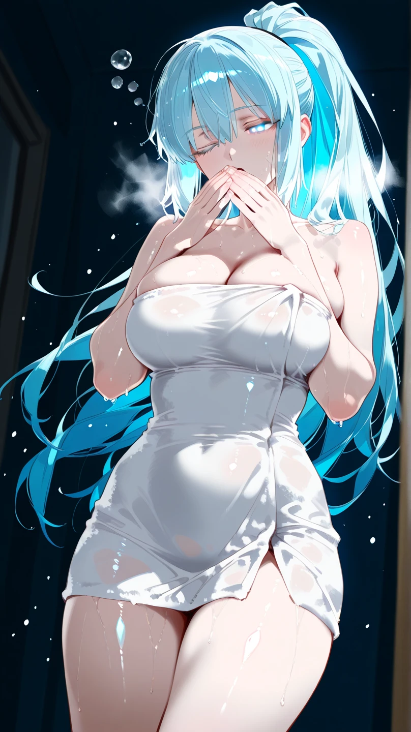 (girl1),(woman1),(Solo portrait of a girl:1,5),(slender body),(structured),(hot),(mature and sexual body),(big ass), (mature and sexual body ), (slender body), (physical attributes such as large breasts and ass), (anime), (white skin color), (super mega hyper gigantic breasts: 1.5), (with long green hair), (green eyes ),(an 18 year old woman, with white socks),(wearing),+,(and a sexy dress, dressed in a heroine costume consisting of a white sleeveless jumpsuit with a super short white skirt that is tight and straight at the back front and straight at the back breast size, they are size AA+),(Super short skirt:1.5)