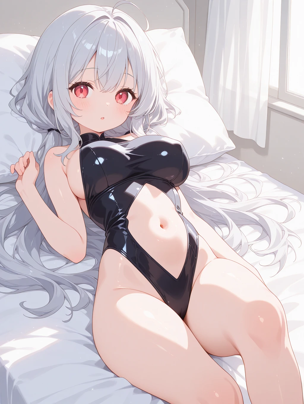 sexy, , girl, silver high ponytail, lying down, legs exposed, exposed breasts, bigger chest, lower legs under thighs, no feet exposed, five fingers, blushing, high resolution, big eyes, small mouth, melon seed face, two-dimensional anime, two legs, two arms, white face, no hat, no muscles, high definition, red pupils, soaked, thin legs and long legs