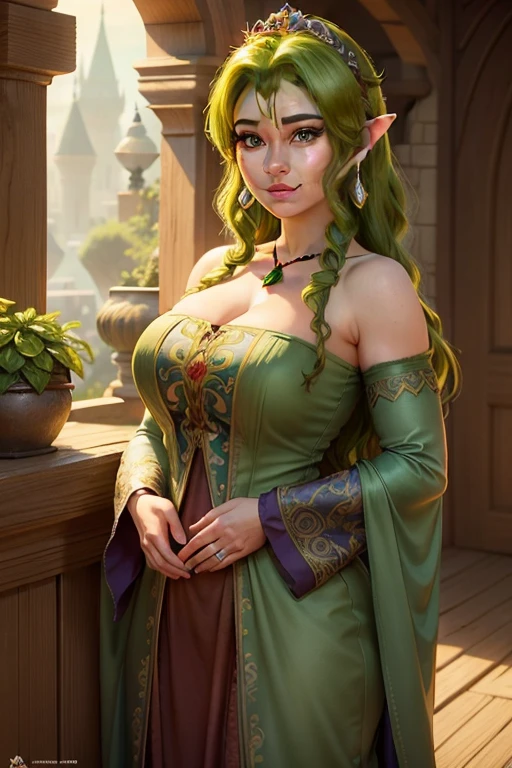 Lucy Pinder, ((VERY INTENSE MAKEUP)), sexy woman, voluptuous, cleavage, (Adele), chubby woman, lace, white hair, long hair, green blouse with gold embroidery, green shorts, cape, belt, hood with ears fox, pantyhose, smiling.
