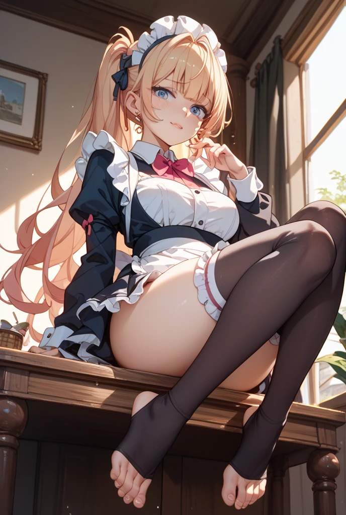 anime girl, 1 person, blonde hair, glasses, Crown,maid,cat ear, front view, big breasts, tights, sitting on desk,exposed chest, underwear, maid suit, shy, blushing, lifting skirt , bright sky, sitting cross-legged, high heels,exposed chest, underwear, middle-aged women, blushing, lifting skirt, showing off underwear, (full HD 4K+ image