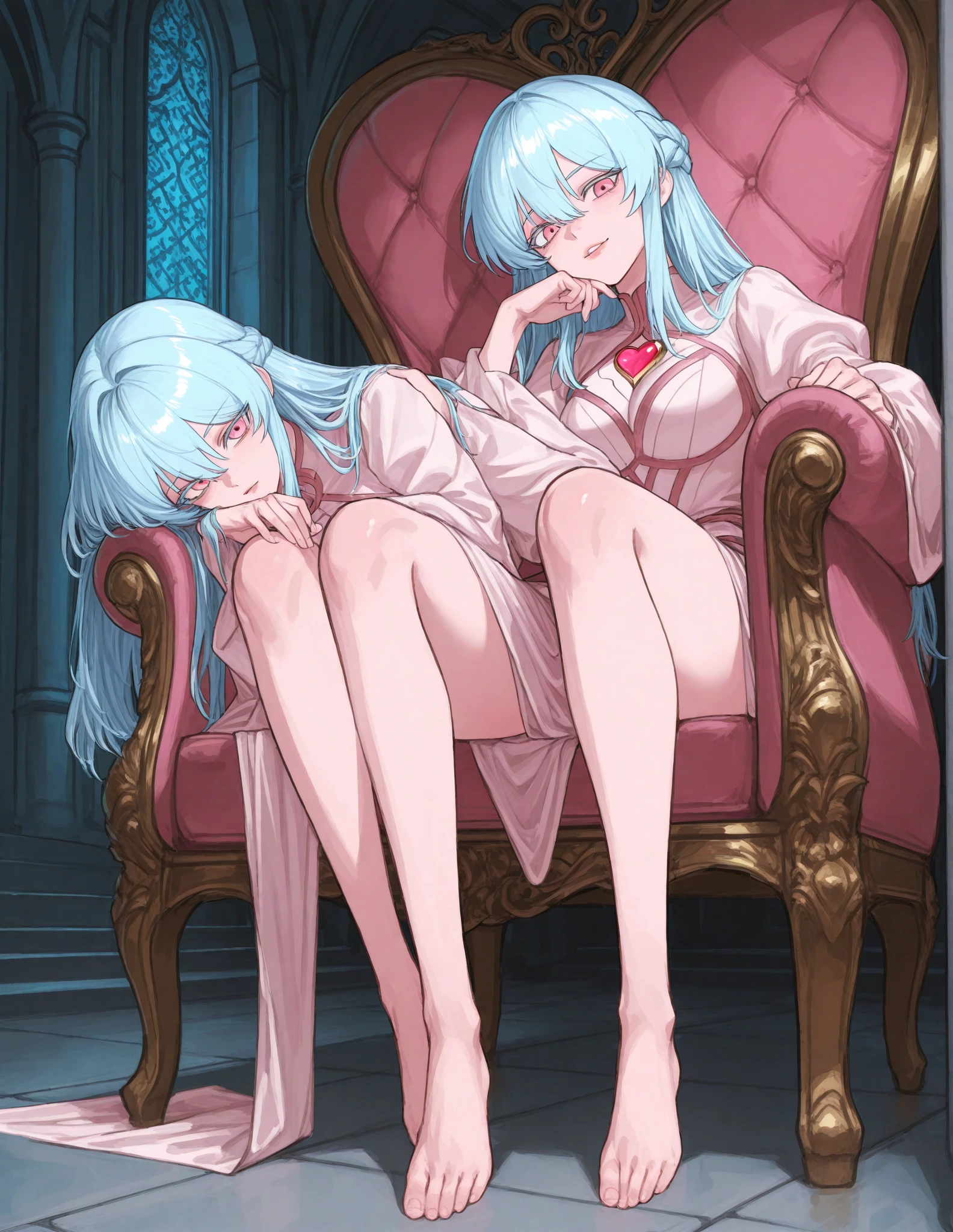 In a richly decorated room, a haughty woman sits enthroned on an upholstered armchair, her posture exuding an air of unquestionable superiority. With a deliberate gesture, she extends one leg, leaving her bare, perfectly groomed foot exposed for all to see. Her contemptuous gaze, like that of a disdainful queen, sweeps the room with icy indifference. Framed by perfectly arched eyebrows, her eyes convey a clear message: she knows she reigns at the top of the social hierarchy and demands recognition of her greatness. The spectators, lurking in the shadows, gaze at the offered foot with admiration mingled with desire and devotion. Every movement of her toes, every flexion of her ankle, is observed with almost religious attention by those who venerate the ground she treads. Foot fetishism takes on an almost sacred dimension in her presence. Her foot, displayed as an object of supreme desire, becomes a symbol of power and domination. Those who aspire to be admitted to her intimate circle of devoted servants know that to touch even a toe would be a rare and precious privilege. In this haughty posture, she embodies the very essence of power and domination, reigning as undisputed mistress over her realm of desires and fantasies, offering her foot as an object of veneration and submission. And thanks to the low-angle effect, the viewer's view of the haughty woman's feet further accentuates her imposing domination and dismissive attitude, intensifying the contrast between her perceived grandeur and those who gaze upon her with respect and fascination.
