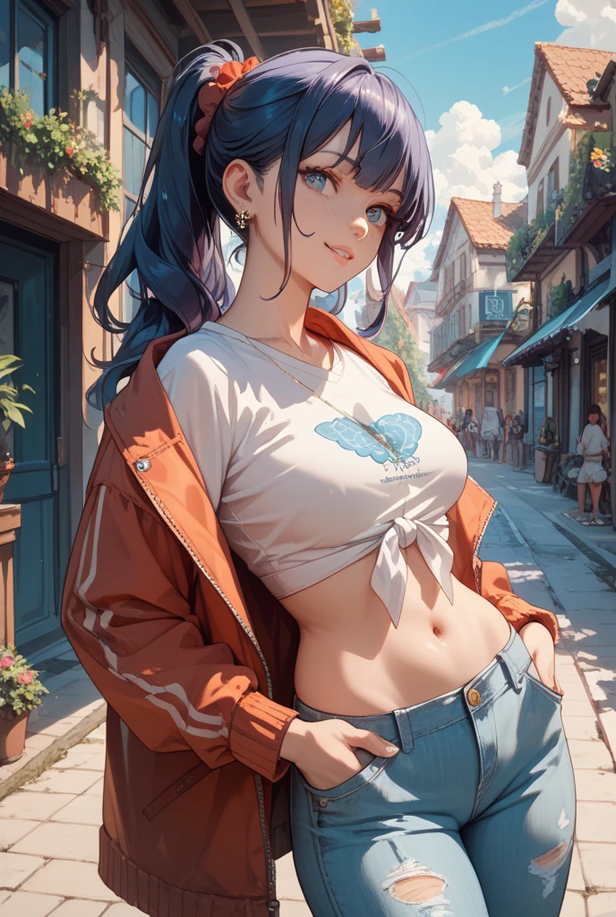 1 Girl, From the angle from below:1.8, The girl bends forward to show off her breast、, (Blade), (Tanned skin:1.6)、Glowing eyes, ((Sexy smile)), ( girl), Rainbow Hair、Double tail、forehead、breast, Pink Crack, cape, ((((Arabian white clothes, transparent)), (scarf), ((Ripped low rise jeans)), Jeans open、small breast, (Jewelry))), ((City)), (close up crotch), (crotch), ((sports shoes)), ((Girl on top)), Angle to look up at the crotch、huge , breast疯狂肿胀, Chest larger than shoulder blades, Big breasts and thin waist,(huge breasts:1.2),Hydrated skin((rogue))((非常hugebreast)),((Grooves reveal original skin))((Open your legs))