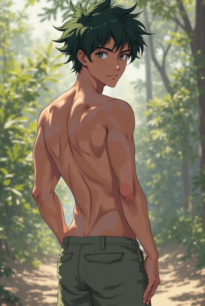 A boy Hiding in the Forest fully naked and his abs are exposed, he has a broad shoulders and defined abs, he is shirtless and he also has no pants, his penis is free and his penis is erect and massive, he is in the forest looking worried while also aroused. Big dick, Fat penis, Abs, Detailed, Pubic Hair, Cum