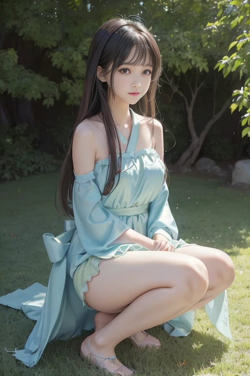 Masterpiece, Best Quality, Official Art, 8k Wallpaper, Very Detailed, Illustration, 1 Girl, Sky Blue Hair, Long Hair, Detailed Eyes, Forrest Gump, Bare Shoulders, Hanfu, Lake, Pure, Soft Smile, bamboo, tea