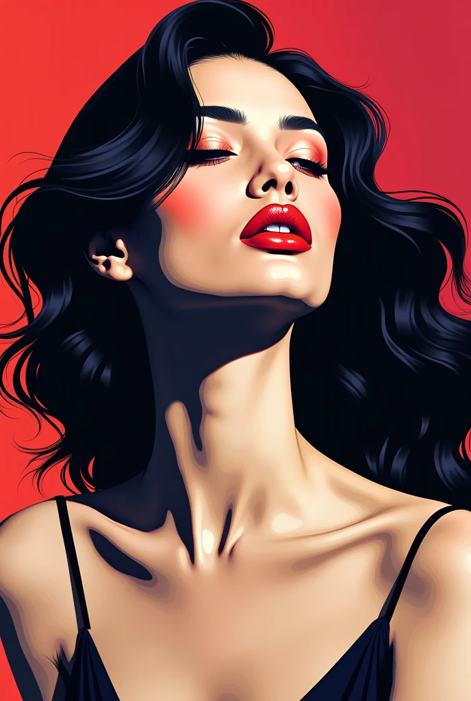 (Masterpiece Art:1.1), (Best Quality), Woman with strapless dress and lipstick, greybackground, Art style by Patrick Nagel, Beautiful, highly detailed painting, (highly detailed slopes), (Detailed face), (Detailed eyes:1.1), (Perfect breasts), modelshoot, Professional Photography, Official art, Synth Wave, 8K, hard disk, High quality, awardwinning, skin head, 20yr old, profile,