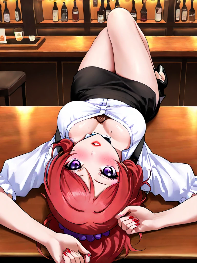 sexy, (doggy style: 1.2), table top, (penetration: 1.2),((full nude)), long hair, aqua hair, ponytail, red eyes, curvy body, (huge boobs: 1.5, detailed and accurate), (small areola and nipples, realistic, detailed and accurate), ((full nude)), (female genitalia visible, realistic, accurate and detailed),wide hips: 0.6, big ass: 1.2, beautiful knees, beautiful calves, beautiful heels, beautiful toes, (lying on back, sexy legs spread pose, legs spread in M-shape), ((full nude)), (four fingers, one thumb), (filmed, side view, from below),NSFW,