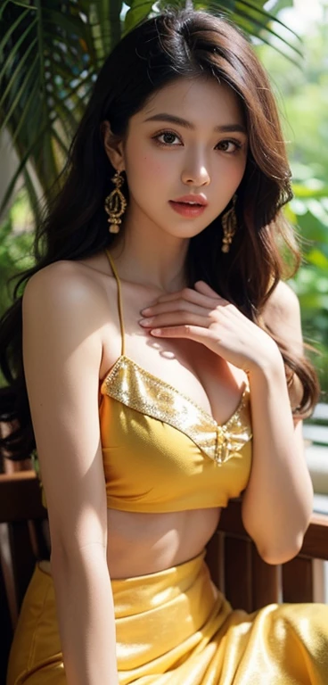 In a 9:16 aspect ratio, a stunning brunette Latina model with short braided hair stands out against a bright yellow backdrop. Dressed in a beautiful white medieval gown with green belt and flower details on the neck, she poses alluringly with piercing brown honey eyes sparkling with happiness. The cinematic lighting mimics an aperture of f/1.4, highlighting her puffy skin texture, highly detailed eyes and face, painted red lips, and subtle eyeliner. She wears a gold bracelet, green choker, earrings, and exudes confidence amidst the soft, warm studio light.