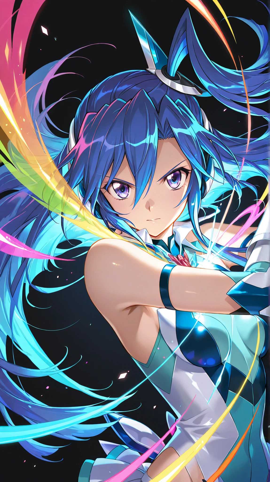 solo,symphogear,Kazanari Tsubasa, Black background,colorful, lively, Shining Contours ,neon,colorful、Official Art、,viewer, masterpiece, Very Aesthetic、battle pose、Light powder、neon Hair、Swinging Hair、chest swaying up and down