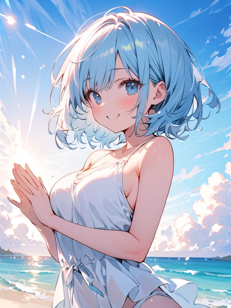 (masterpiece), oudoors, sunlight, light particles, 1girl, short hair, green hair, (aqua eyes:1.2)