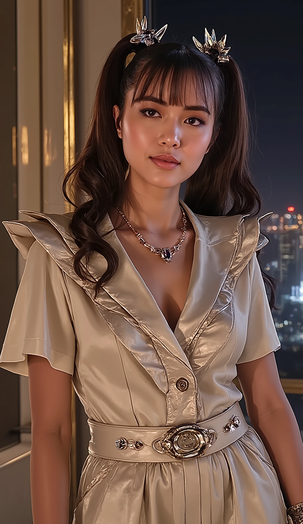 (Photorealistic masterpiece:1.4), (8K UHD:1.3), (Hasselblad H6D quality), (studio lighting with rim light and softbox:1.3), elegant model, (genetic perfection:1.2), (dewy skin texture with natural subsurface scattering), (perfectly contoured cheekbones), (voluptuous yet athletic physique:1.1), (wearing tailored ivory silk blouse with a deep v neckline and mother-of-pearl buttons:1.4), (designer high-waisted yoga pants with seam detailing:1.2), (delicate Cartier jewelry:1.1), posing with a subtle, seductive smile—hinting at confidence and allure—directed at the viewer, in (luxurious suite at Burj Khalifa:1.5), (floor-to-ceiling windows showcasing Dubai's glittering skyline at night:1.6), (iconic skyscrapers like Address Sky View and Dubai Marina visible), (opulent modern interior with gold leaf and white marble accents:1.4), (designer furniture from Fendi Casa or Bentley Home), (plush velvet chaise lounge with satin throw pillows), (crystal champagne flute on onyx counter), (slight motion blur on distant city lights), (Leica Noctilux bokeh effect:1.2), (Vogue Arabia editorial style:1.3), (hyperdetailed fabric textures:1.3), (perfect skin microcontrast), (professional model posture), (warm ambient glow from Dubai's neon lights reflecting in the room), (ultra-luxury atmosphere:1.4), (moody yet sophisticated lighting:1.3), hourglass figure, big breasts, (((twenty year old version of the selected Lora)))