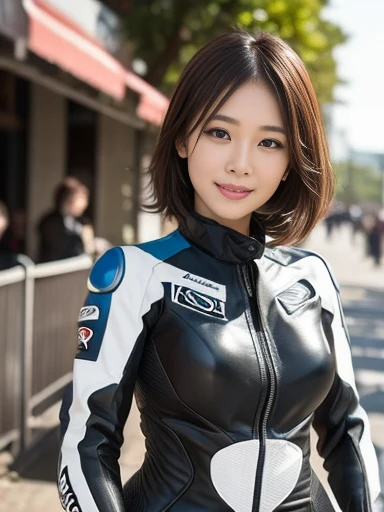 Top Quality, Masterpiece, Ultra High Definition, (Real in Pictures: 1.4), (1 Girl), (Standing), Long Sleeves, (Leather Blue Racing Suit), (Mid Short Hair), (Wet Hair), Ultra Detailed Human Face, Ultra Detailed Teeth, Red Lipstick, Circuit, Race Bike,