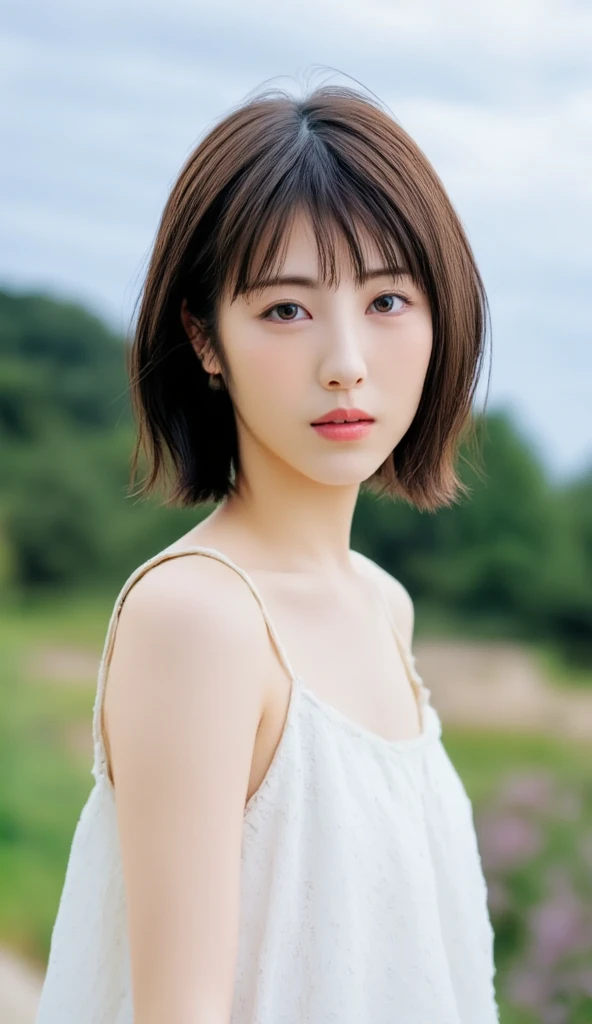 Highest quality, masterpiece, Ultra-high resolution, (Realistic:1.5), RAW Photos, 1 girl, White T-shirt, Simple Background, Deep Shadow, Inconspicuous key, Cold Light, Sexy look, short hair