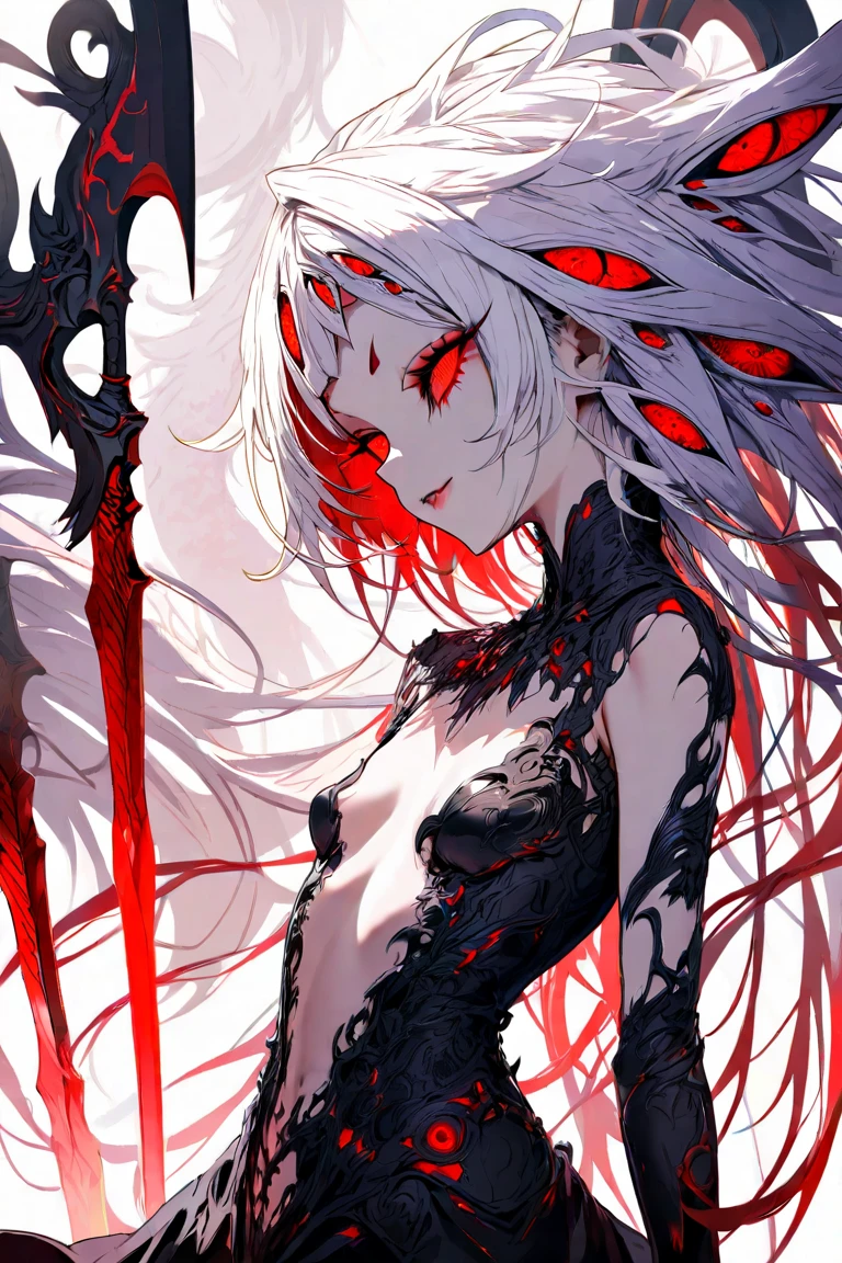 ((Best masterpiece, Perfect quality, Ultra detailed)), A skinny girl, With small bust, With white hair, Is parasitic, Wearing black bra, Wearing black panty, Naked limbs, Injured body, Bloody wounds, Mutated limbs, Parasites, Grotesque, Full body
