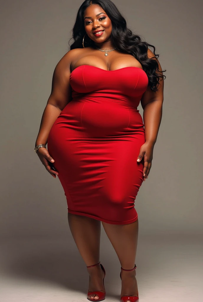 negra usando um mini vestido vermelho , curvilinea , Big tits , muito gostosa , sexy , curvas gigantes