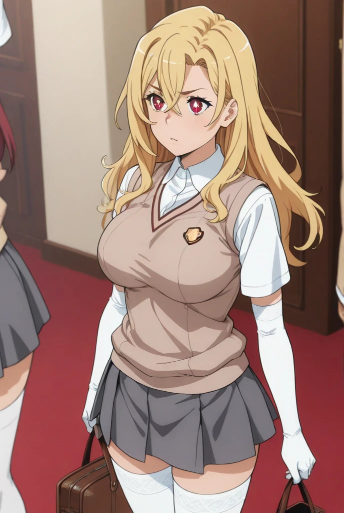 best quality, high resolution, 8K, anime art style, beautiful detailed eyes, extremely detailed face, soft expression, stylish pose, Angelica V4,1girl,solo,red eyes, (collared shirt, white shirt, miniskirt, panties,classroom, cowboy shot), looking at the audience, in the center of the image, beautiful large medium-sized breasts, beautiful face, slim waist, appealing, soft lighting,Crossing your legs, Sitting,tights