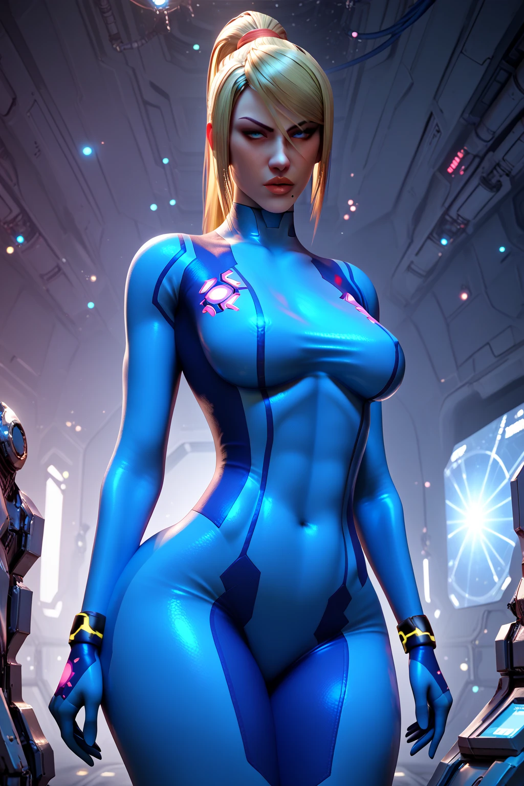 (Muscular:2), (thick thighs:1.4), (large round breasts:1), FEMALE, blonde hair, long blonde hair, (big smile:1), (wearing tight sexy blue Samus Zero Suit:1.6), looking at viewer, (three quarter view:1.3), upper body view, (dark futuristic lab at night:1.5), (dark lighting:2), detailed skin, detailed eyes, (clean skin:1.5), (very thin waist:1.6), (huge body muscles:1.9), (one protagonist:1.5),