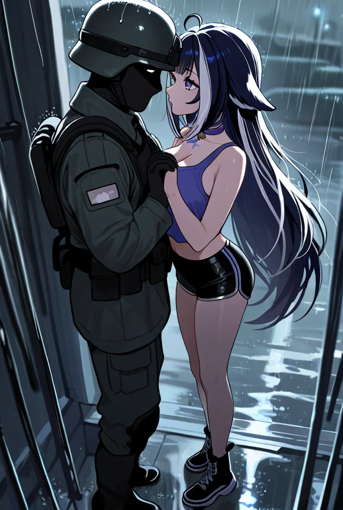 Male arab modern terrorist, terrorist, black balaclava, black bandage, white eyes, black clothes, thin waist, femboy, light skin, makeup, black eyeliner, big eyelashes, black eyeshadow, choker, inside the car, desert, night, rain, hetero duo, 1girl, brown long hair girl, girl without a mask, makeup, penis, penis in her pussy, sex