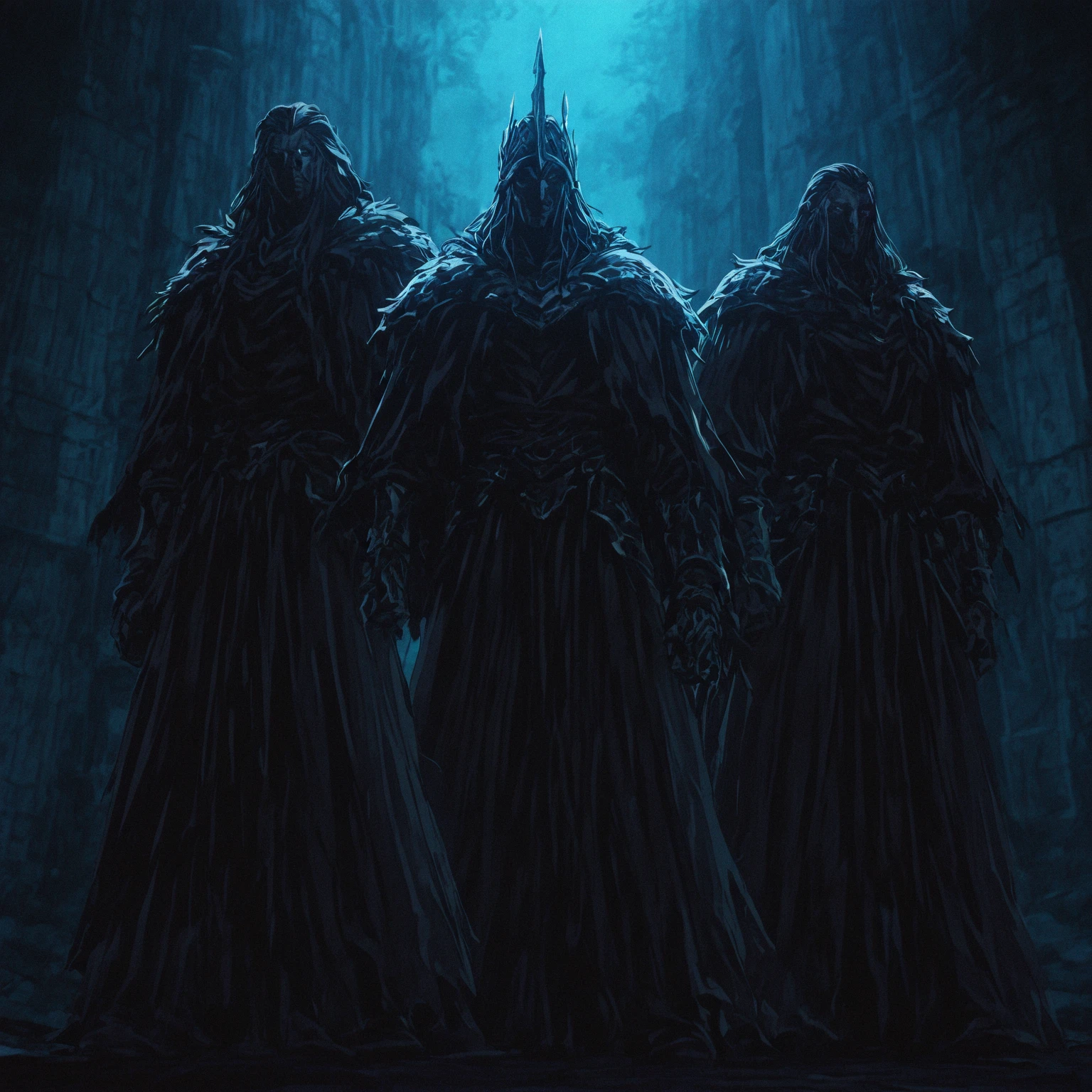 tall humanoid eyeless beings with black marks going from their orbitals to the bottom of their mandible, wearing long cloaks, wielding large wooden staffs with colored crystals on top, in a magic city