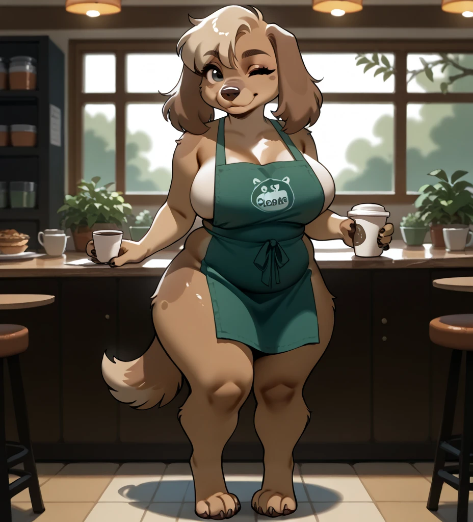 By bebebebebe, by lostgoose, by goonie-san, female, ((canine, snout, hair covering eyes, straight hair, medium hair, flat hair, ears, thin snout)), brown fur, big poofy tail, raised tail, dark maroon hair, muscular, big breasts, smiling, sitting, sitting on the floor, (((head of lettuce, lettuce))), lettuce between legs, squeezing lettuce with thighs