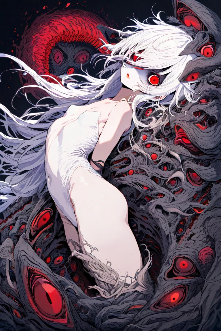 (Masterpiece, top quality, best quality, official art, Beauty and Aesthetics: 1.2), (1 Girl: 1.3), Very Detailed, Colorful, Most Detailed ((Super Detailed)), (Highly Detailed CG Illustration), (Very Delicate and Beautiful), (From above), Cinema Light, ((1 Mechanical Girl)), Single, Complete, (Machine-Made Joints: 1.2), ((Mechanical Limbs)), (Many Mechanical Tentacles), (Tied), (True), (((exposed medium breasts, naked))), (((real, exposed, vulnerable))), ((mechanical cervical vertebrae attached to his neck)), (expressionless), (wires and cables connected to the neck: 1.2), (wires and cables connected to the head: 1.2) (character focus), science fiction, black background, (mucus: 1.5), (((lying on back))), ((from above, wide shot)), ((lying on black)), ((torso and hips)), ((arms out)), (((arched back:1.5)))
