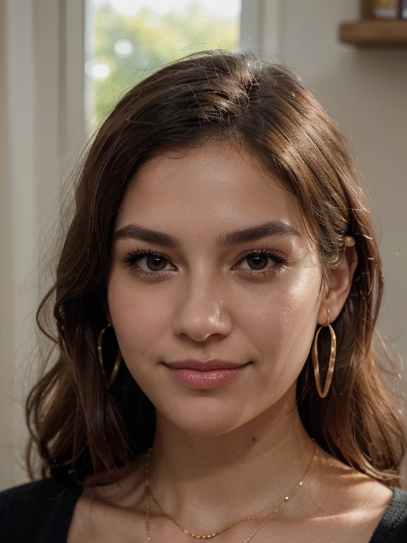 high resolution photo of hail33 woman,hair pulled back,smiling,close-up,(she's wearing at-shirt),daytime,sitting in a restaurant,highly detailed skin,pores