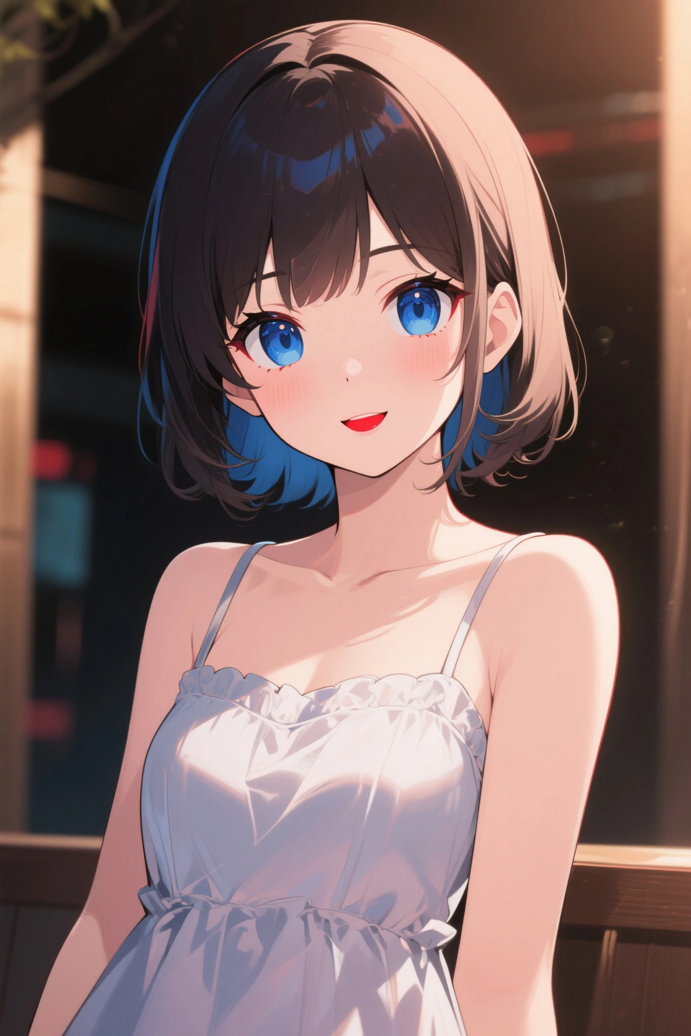 Anime, female portrait, beautiful art style, detailed portrait of cute face, one  girl, pretty face, blue eyes, red lips, makeup, 