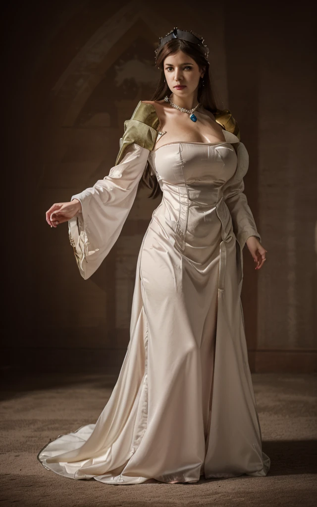 High detail RAW color Photo of a mother ((40 years old mother)) (an older francesca annis as lady jessica from dune), (angular facial features) (to8contrast style), sun-kissed skin, elegant jawline, minimalism, femininity, supermodel, ethereal, fresh, radiant, pure, ((((incredibly-huge saggy breasts))))), (((((very thin waist))))) long hair ((up-do hairstyle)) (((see through fabric))) ((((purple ornate gown)))) ((long sleeves)) ((silver metal jewlery)) (confident expression) (full body view) (((nobility))) ((regal clothing)) (background: sci fi palace bedroom)