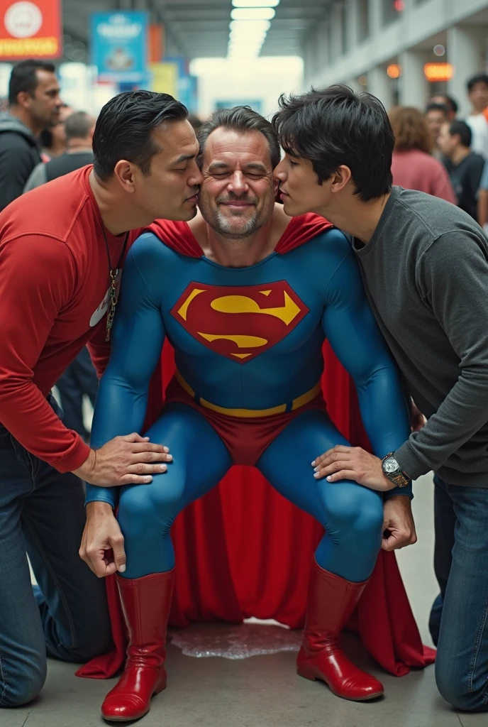 1980s, luxurious shower room, gay, bara, 2men, two men naked, wearing only white briefs, Batman hugs and licks the chest of his beloved old man Alfred with a smile like a , slim tall Alfred accepts it with a smile and strokes Batman's head