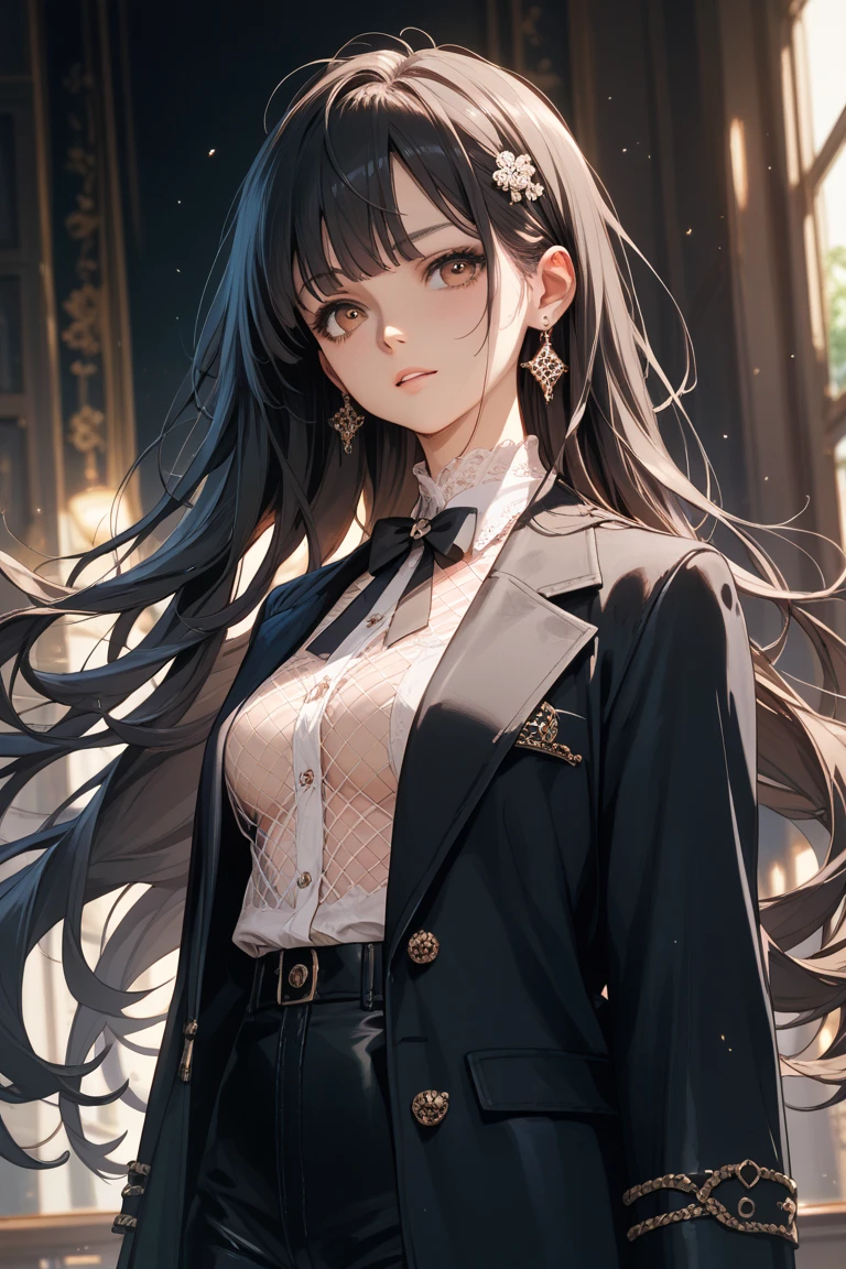 (best quality: 1.2), clean face, (masterpiece: 1.2, 8k) perfect anatomy, 1 girl) a beautiful fashion model ,(masterpiece, official art, best quality shiny hair, straight black hair with streaks in hair, full lips, small breasts, blazer school uniform, short skirt, thong straps, (dark makeup, piercings), shiny breasts,shiny skin, looking at viewer, college studentn, horizontal, lounging, a single girl, scene haircut, dark makeup, dark gray eyes, (slender, skinny, slight frame, small breasts), ((emo, scene))