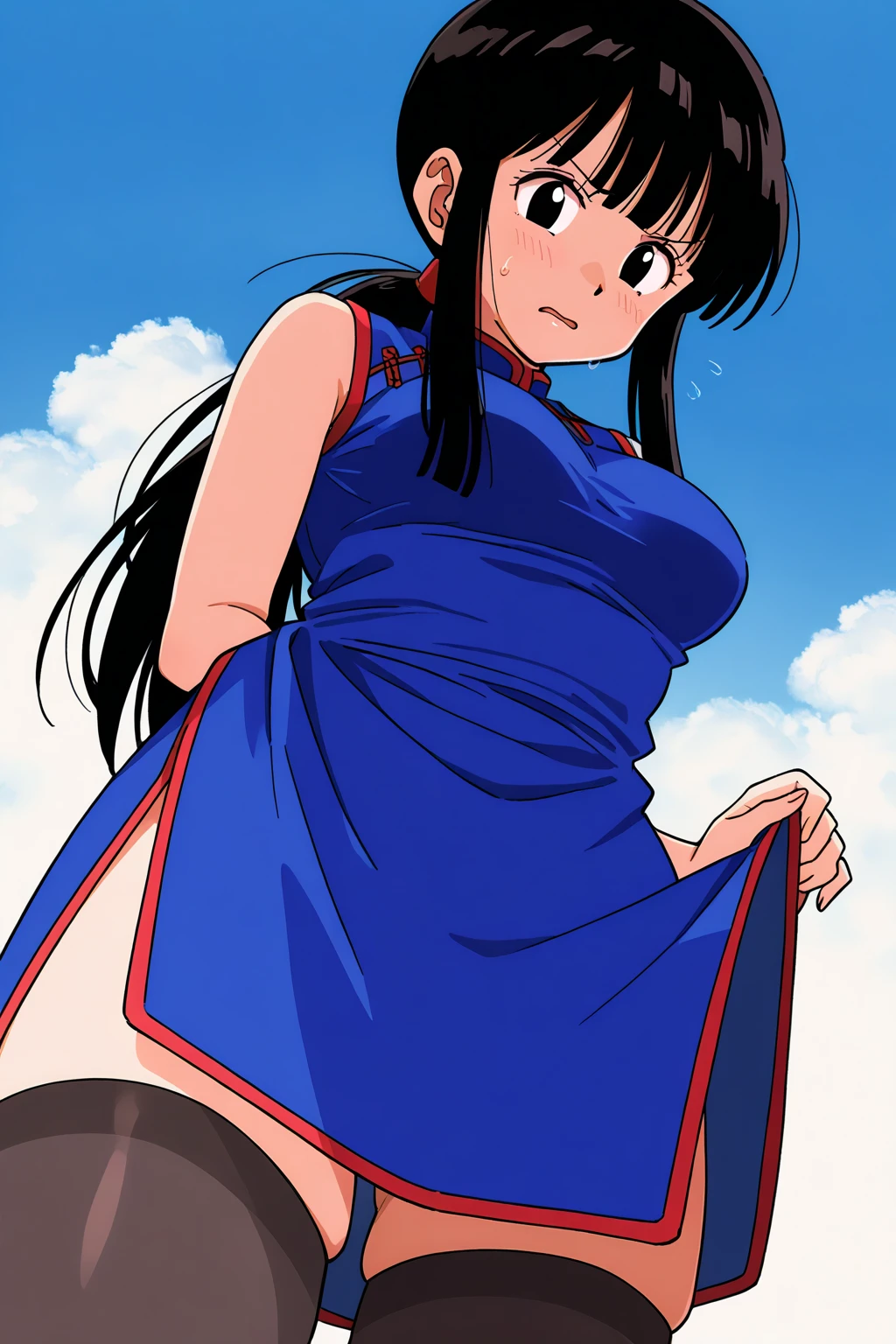 Dragon Ball, Click, (Low Ponytail:1.1), Iris, Chinese clothing, Blue clothes, No sleeve, Wristband, sash, ultra detailed, masterpiece, highest quality, beautiful, detailed, The perspective is from below, kick, High kick, Standing on one leg, barefoot, Arched feet, Detailed feet, Sole facing the viewer, View your viewers, Lift your legs, White lace panties, (From below:1.5), (Low Perspective:1.5), Cherry blossoms fluttering