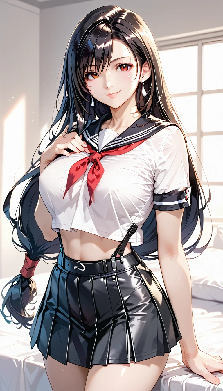 ((Medium-breasted, 18-year-old girl, small head)), ((15)), (Perfect body: 1.1), (Young), (Short wavy hair: 1.2), Full body shot, (Girl in uniform: 1.4, pleated skirt, button-up shirt), ((School uniform)), (Highly detailed CG 8k wallpaper), (Very delicate and beautiful), (Masterpiece), (Best Quality: 1.0), (Ultra High Resolution: 1.0), beautiful lighting, perfect lightning, realistic shadows, [Hi-Res], Skin Detail, Ultra Detail, (Legs Spread), (Legs Up), Slim Body) Bent, Big Earrings, Thighs, (Beautiful Long Hair),, Thin Clavicle, Soft Navel, Soft Midriff, Soft Back, Angle from Above, Sweaty, Beautiful Breasts, Blush photorealistic, realistic face, realistic eyes, small eyes, grinning ((((colorful)))) ((cleavage))), (eyeliner), (mascara), ((thick white liquid on the body)), ((very sweaty)), (high detail skin)))), (body wet))((wet thighs)), ((spread thighs)), ((thick white liquid dripping from the body)))), ( (Hands on thighs))
