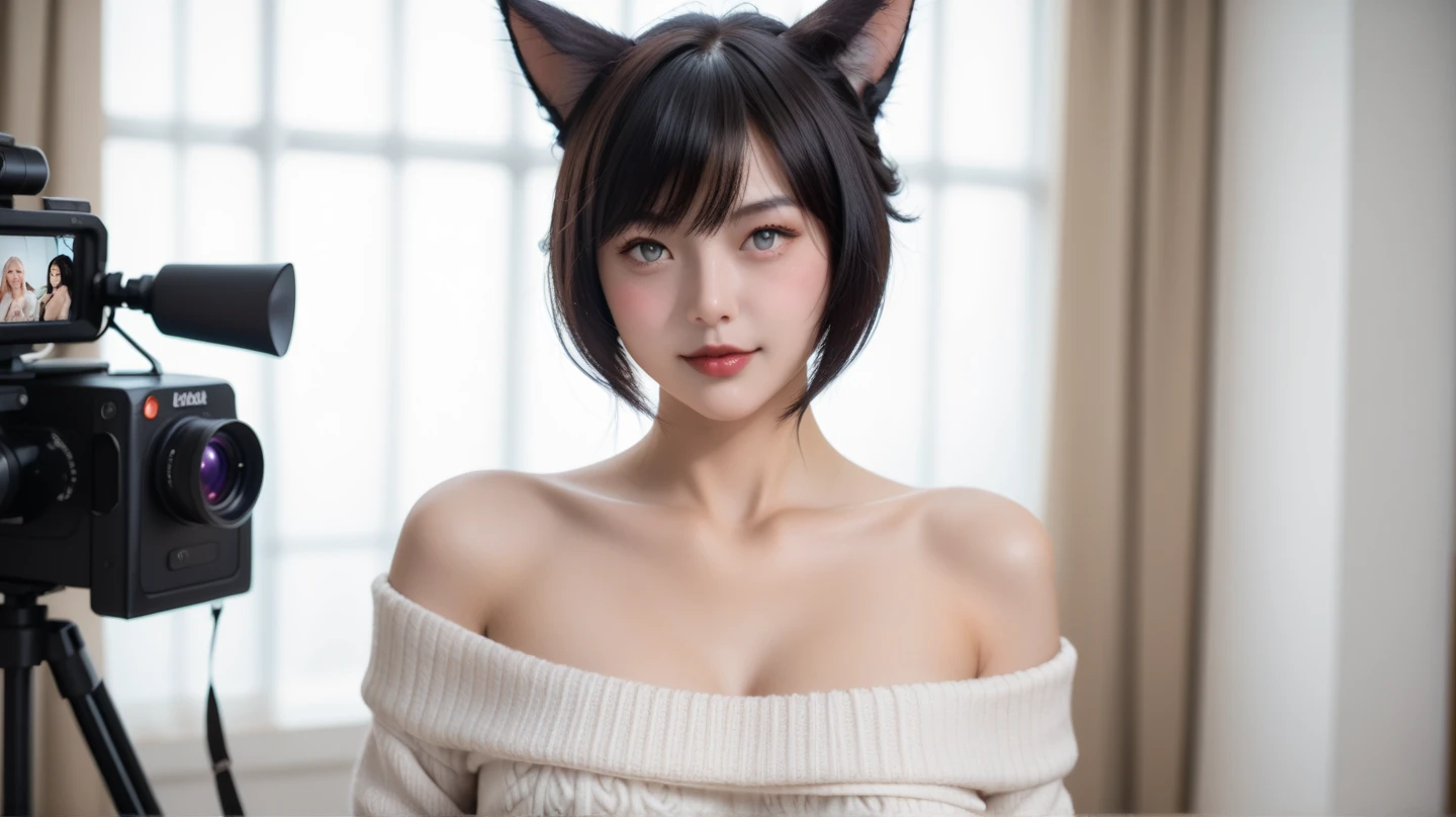 Dark ambiance,Mid century london inthe background、white wolf、 ((highest quality、masterpiece、8k、best image quality、ultra high resolution、Award-winning work)、(accurate anatomy:1.1)、(look at me and smile:1.1)、Shining fair skin with ultra high resolution、most detailed face、ultra high resolution detailed face、white short hair flowing 、Beautiful face drawn in every detail、(blurred background:1.1)、traditional Georgia man costume, tiny breast, real wolf beside the girl 