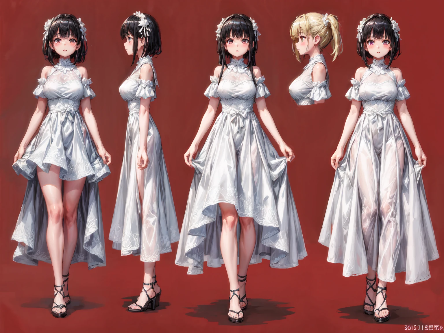 multiple views,1 girl,large dress,white silk dress,simple background,black hair