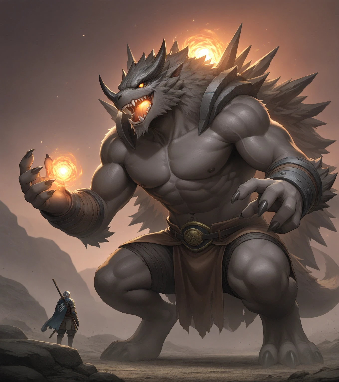 half wolf, The half-dragon stands on its hind legs in the water,Sideways photo,There are extra-long dragon tails。There are vertical scales on the back。The eyes are fierce。Has big furry ears。The villain is handsome,Strong and powerful, Dramatic cinematic details fur, hyper realistic fur, highly realistic photograph, cinematic full body shot, cinematic full shot, guardian of the holy lake, adventure hyper realistic render, volumetric fur, ultra-realistic picture, Make a gesture of majesty, hyperreal rendering,A combination of mythical creatures, wolves and dragons --auto