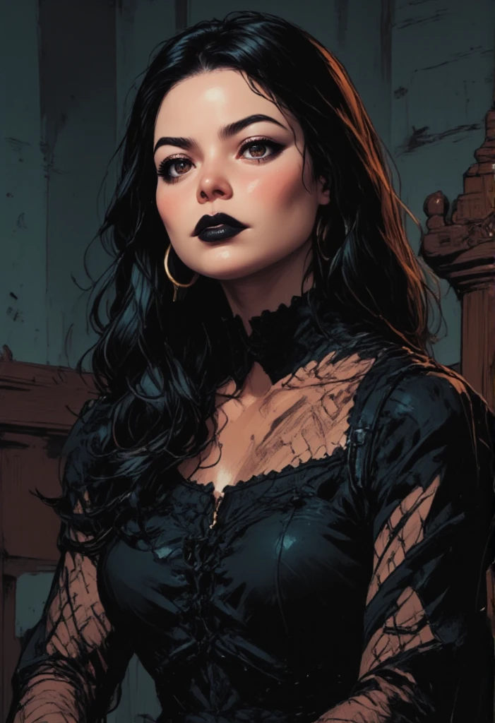 ((melhor qualidade)), ((Obra de arte)), (detalhado), dark gothic horror style 4k, Estilo de Halloween, goblin muito pequena, pele verde, Orelhas pontudas, cabelo roxo curto com mechas pretas penteado duende, olhos vermelhos brilhantes, in a dark gothic castle, cinematic dark lighting, strong lighting, dim, vestindo lingerie de renda preta ornamentada, capa de seda roxa muito longa, leve sorriso, olhando para o espectador, ornate hair decoration, decote