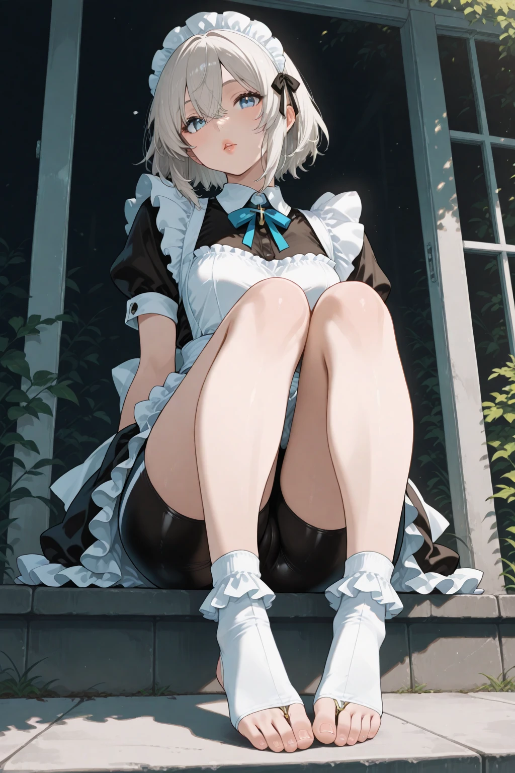 (A beautiful young Japanese woman), nsfw, Detailed Background, (((独奏))), ((Excellent anatomy: 1.2)), (Blonde, Short pigtails), Small breasts, (dark skin:1.8), (green eyes), (Beautiful Eyes), (((gothic lolita, fine-grained cloth, frilled mini skirt, puffy sleeves, juliet sleeves))), (Black Panties:1.5), (Angry:1.2), (looking way, looking down:1.3), Blushing, Earrings, Sitting on a bench in a Western garden, Beautiful thighs, spread legs, (Lift up your skirt yourself:1.3), panty shot, (love juice:1.5)