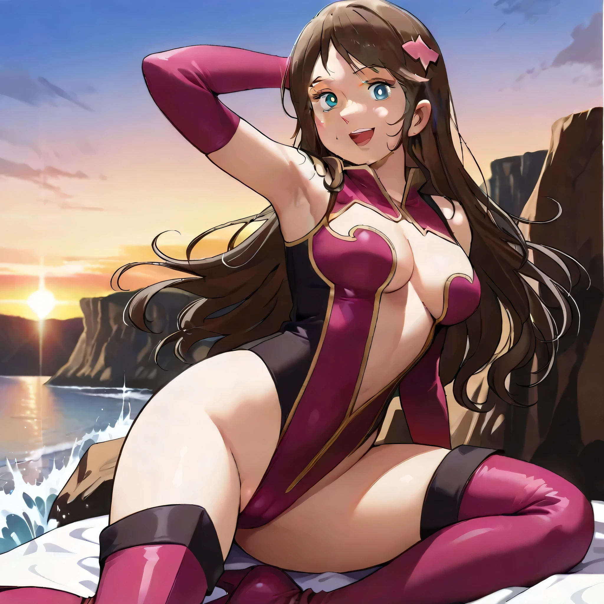  Shiny micro bikini, Cumulonimbus,Surrounded by water, reflection,Breathtakingly beautiful clouds,Light,Dazzling Light,Cinematic Light.The wind is blowing,Vast ocean,
White sand beach,Coconut Tree,Sparkling Splashes, 
Arrogant look, smile, Open your mouth,embarrassed, Dynamic Angle, Side view, (Realistic:1.2),(Attractive lighting:1.2),(Detailed face),(masterpiece),(highest quality),(Super detailed),(4K, 8k, 16k, High resolution), (One girl),(High resolution),(light blue eye color),very shiny 肌,(Perfect hands, Perfect Anatomy), Shiny body,plastic glitter 肌,exaggerated shiny 肌,illuminated skin, Asuka Kogawa,Fine glassy eyes,Hime Hair,Brown Hair,(Straight bangs),Very long hair, teenager,(Huge breasts, Glamour:1.1), Muscular abdomen,An athletic body, Muscular, Mechanical Limbs,Ninja,shiny big buttocks, visible muscles,Firm Abdomen,Long legs,Cleavage,erotic,Bold, Invisible Light, Amazing shine, Neon pink glow, The colors of another world,Bright colors, Mechanical Limbs,Mechanical Arm, Conceited expression,いたずらなsmile, Open your mouth,wearing side-tie bikini, Dynamic Pose,View from below,(High Kick:1.4),(Lift one leg),