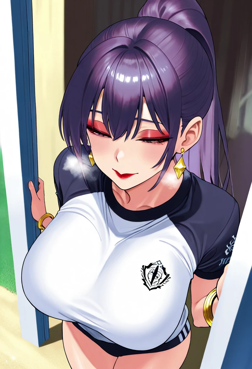 Akeno Himejima, 1girl, (((bimbo))), long purple hair, purple eyes, ear rings, (((bimbo))), puffy lips, painted lips, thick lips, smile face, wide hips, thick thighs, huge natural breasts, black jeans, black latex top, cleavage, underboob